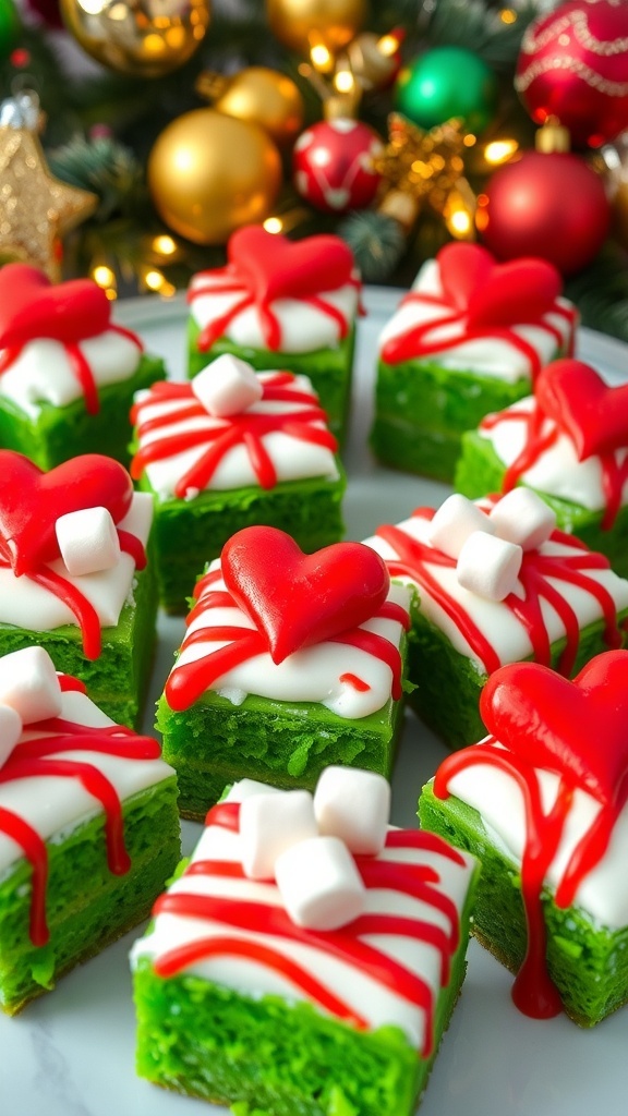 Grinch-Themed Christmas Recipe Grinch-themed Christmas treats with green cake, white frosting, and festive decorations on a holiday table.